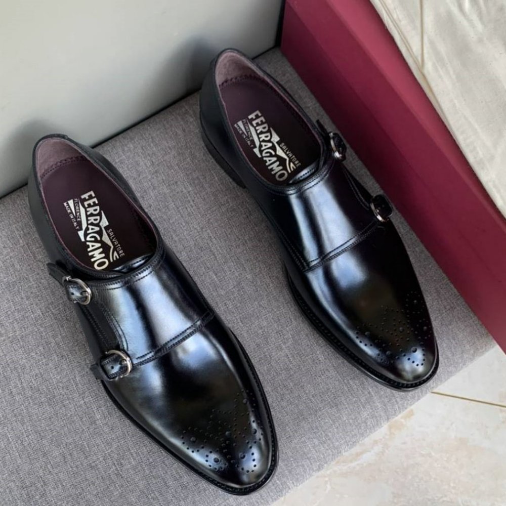 Authentic Salvatore Ferragamo Brighton Double Monk Strap Black Leather S…